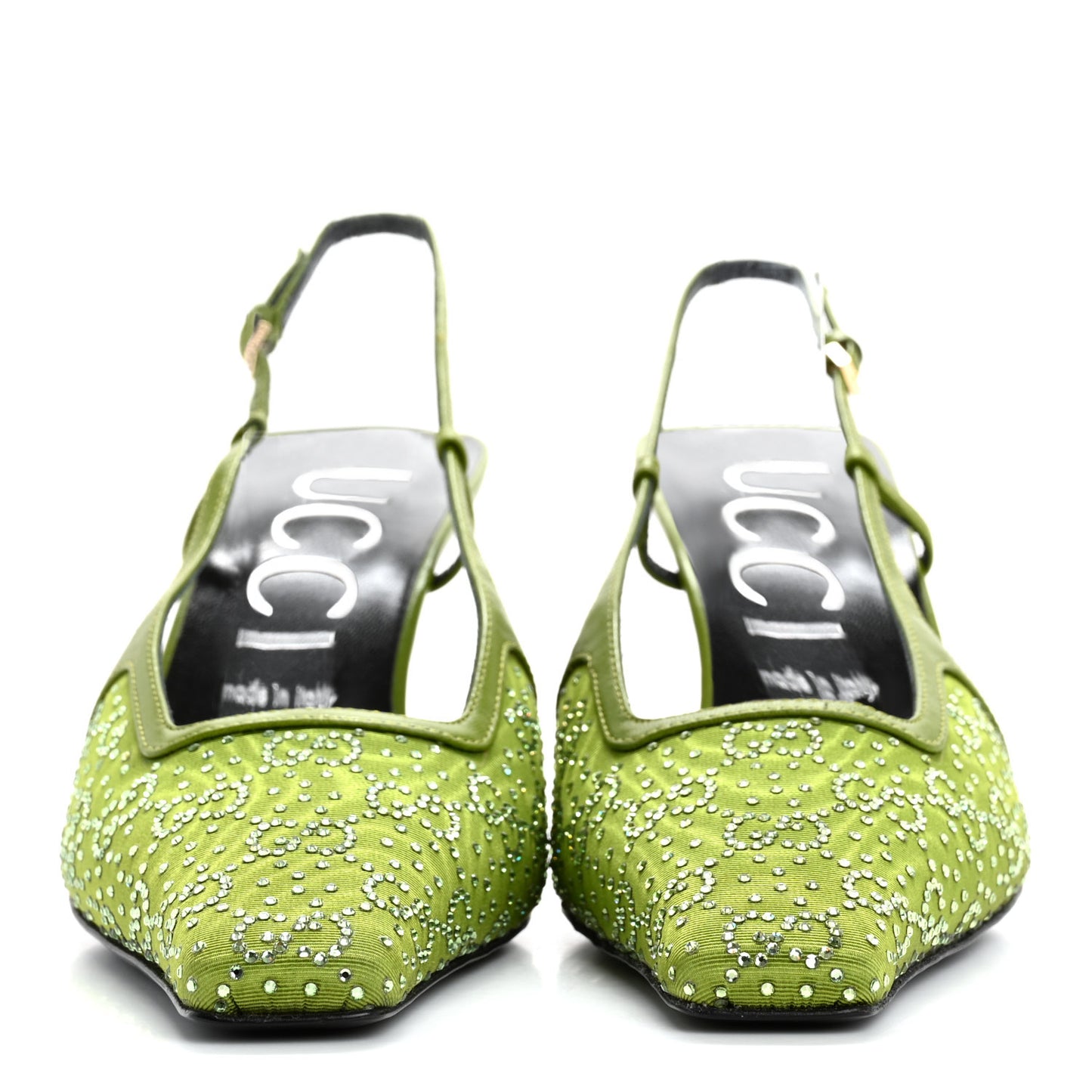 Moire Fabric Malaga Kid Crystal GG Monogram Square G 75mm Slingback Pumps 40 Lemon Leaf
