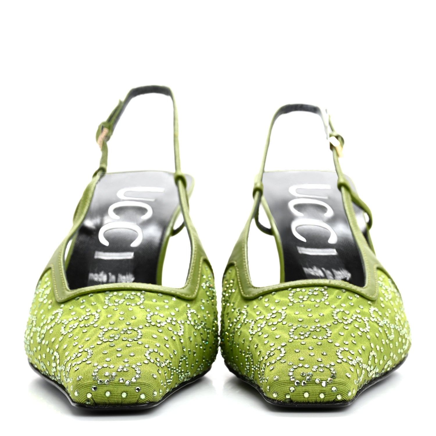 Gucci Moire Fabric Malaga Kid Crystal GG Monogram Square G 75mm Slingback Pumps 40 Lemon Leaf 3 of 9
