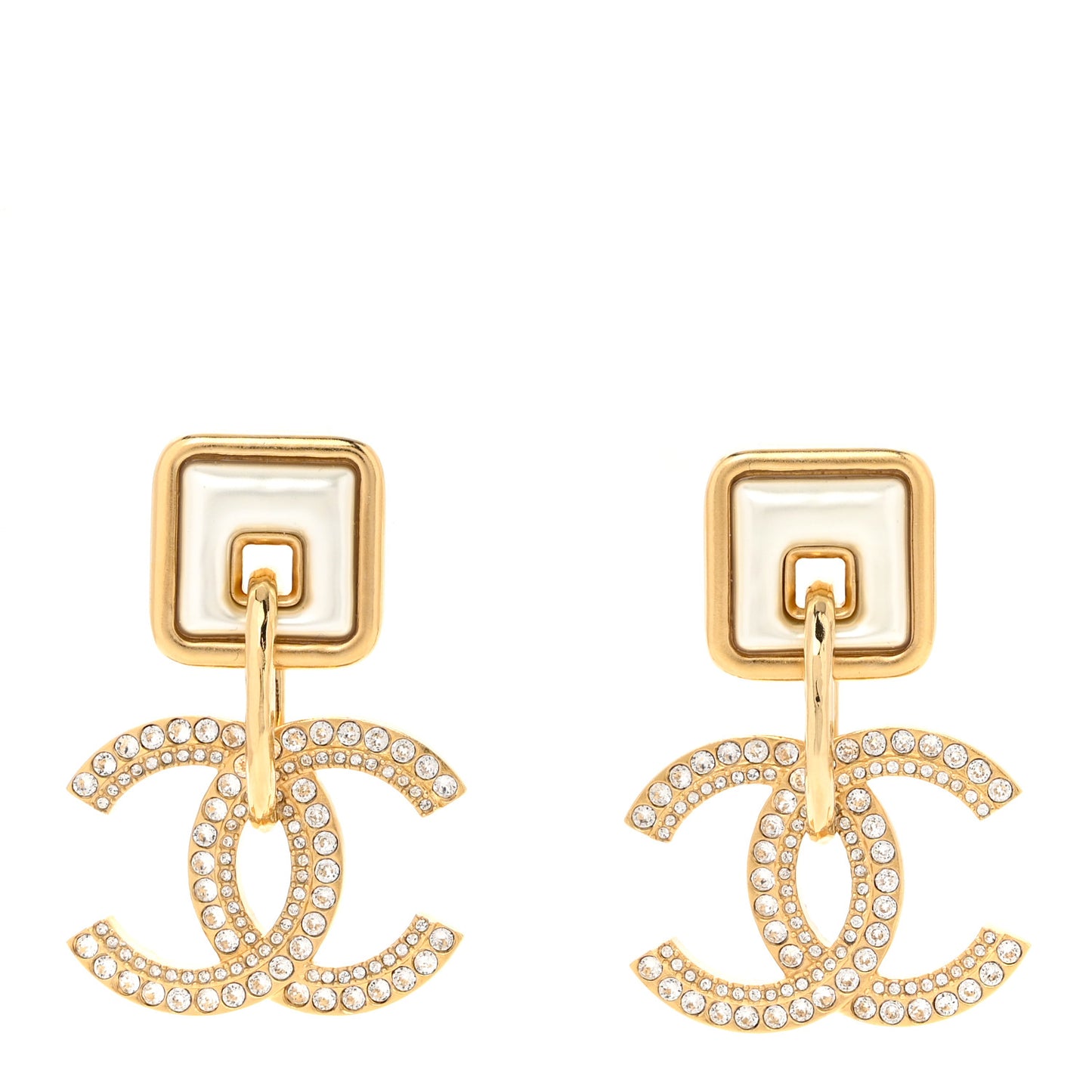 Crystal Pearl CC Square Drop Earrings Gold Pearly White