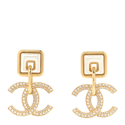 Chanel Crystal Pearl CC Square Drop Earrings Gold Pearly White 1 of 5