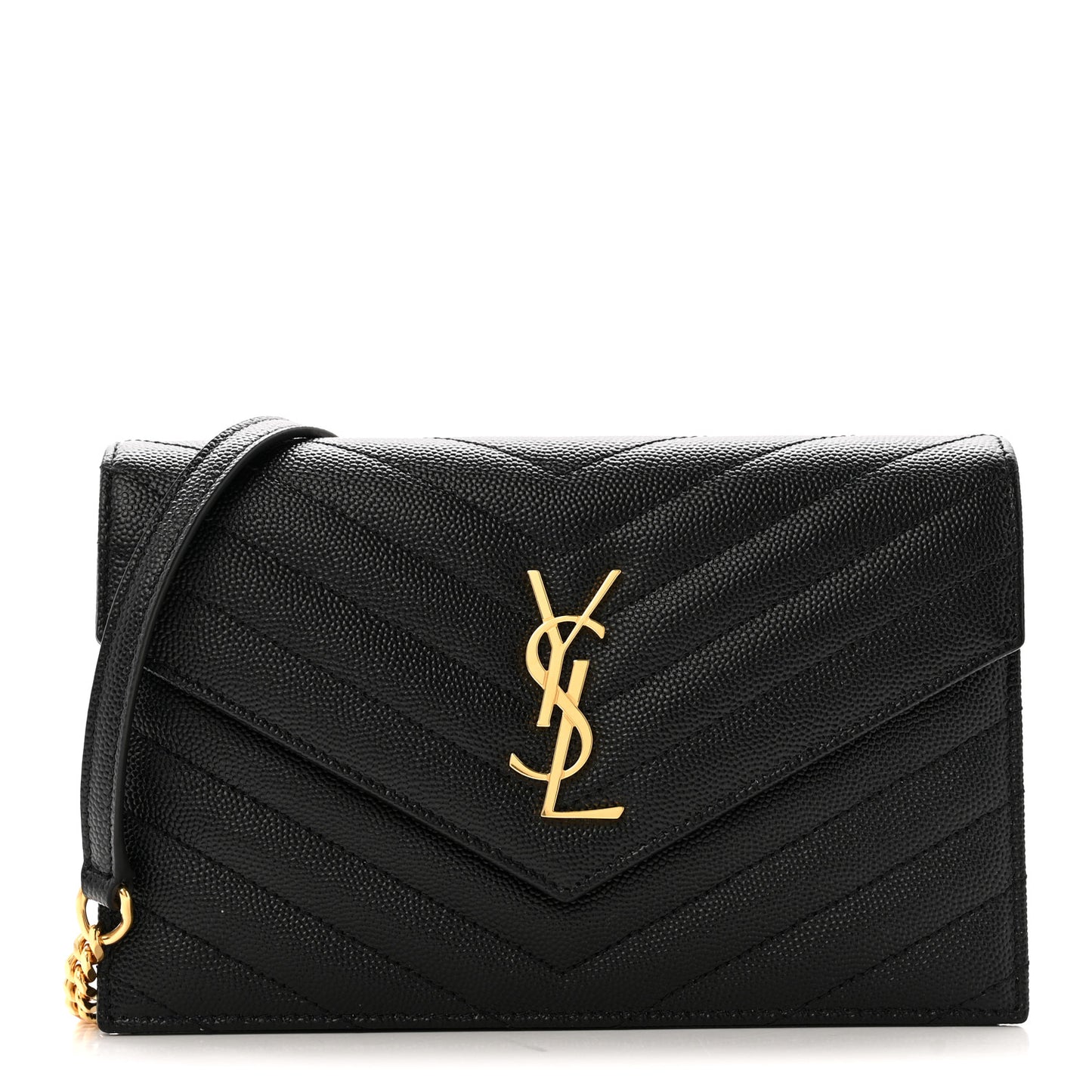 Grain De Poudre Matelasse Chevron Monogram Envelope Chain Wallet Black