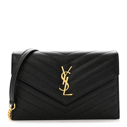 Saint Laurent Grain De Poudre Matelasse Chevron Monogram Envelope Chain Wallet Black 1 of 14