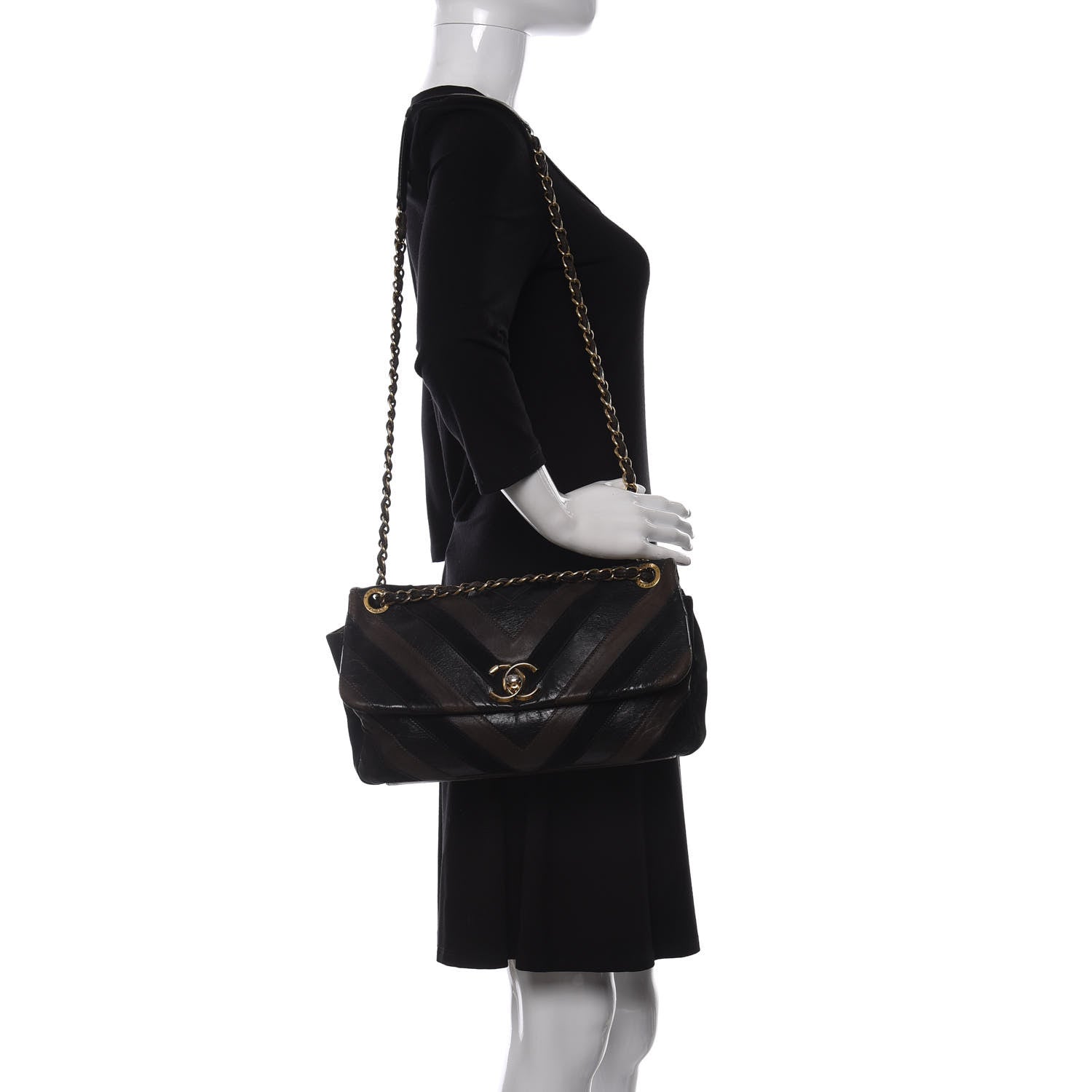 Chanel Suede Lambskin Glazed Calfskin Lady Vintage Chevron Flap Black Brown 2 of 10