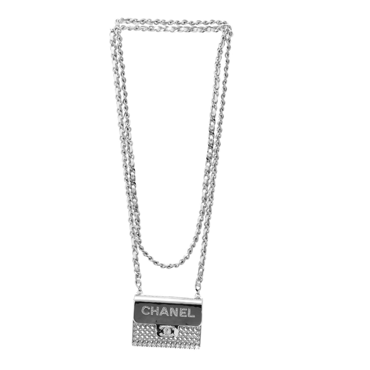 Chanel Metal Lambskin Strass Crystal Purse CC Long Necklace Silver 4 of 6