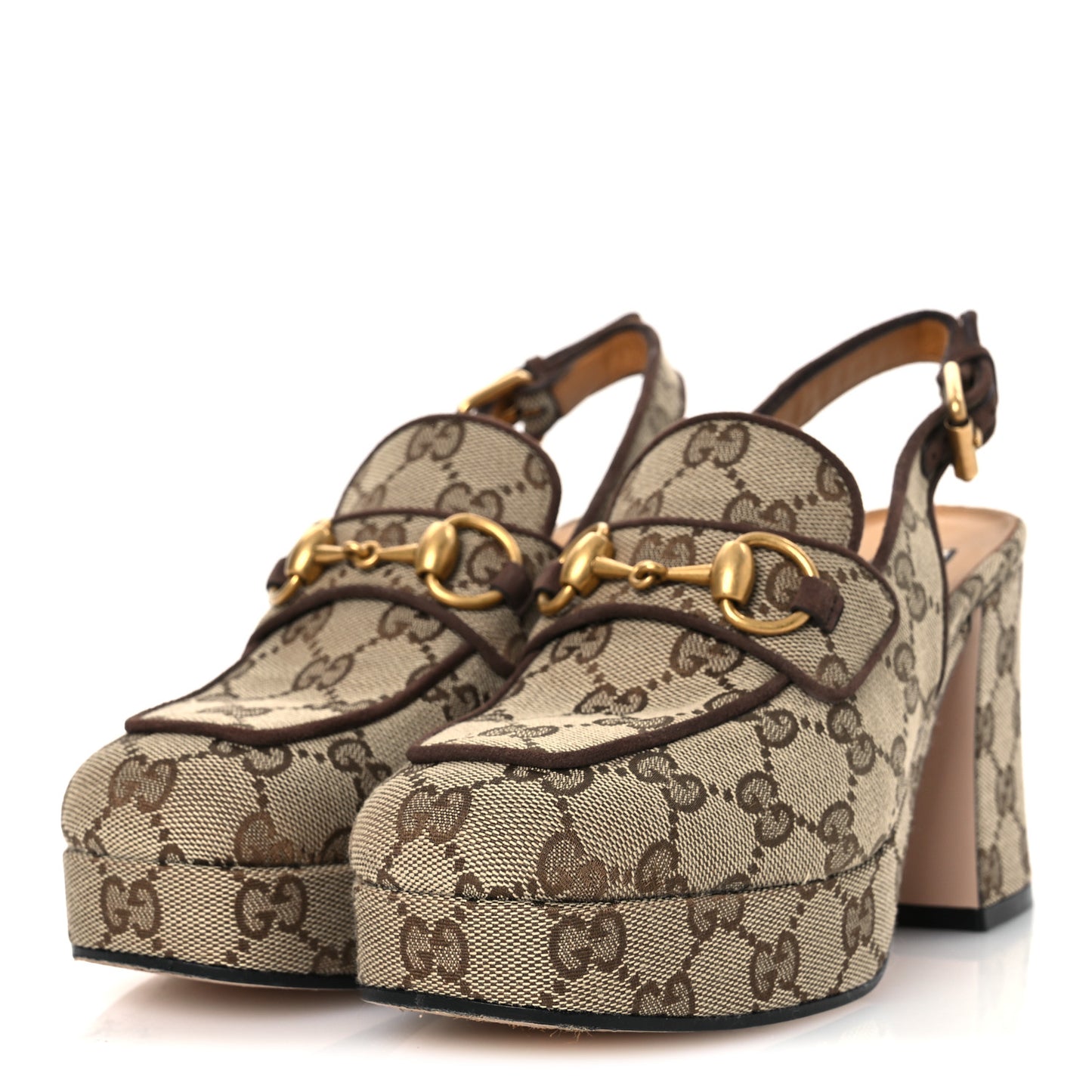 Monogram Kid Scamosciato Horsebit Platform 25/85mm Slingback Mules 35.5 Beige Ebony New Acero