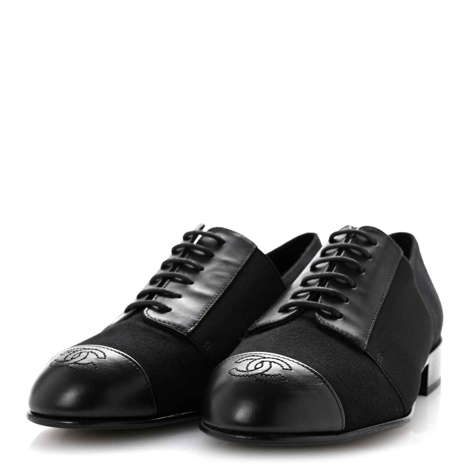 Chanel Calfskin Elastic Lace Up Cap Toe CC Loafers 35 Black 4 of 9