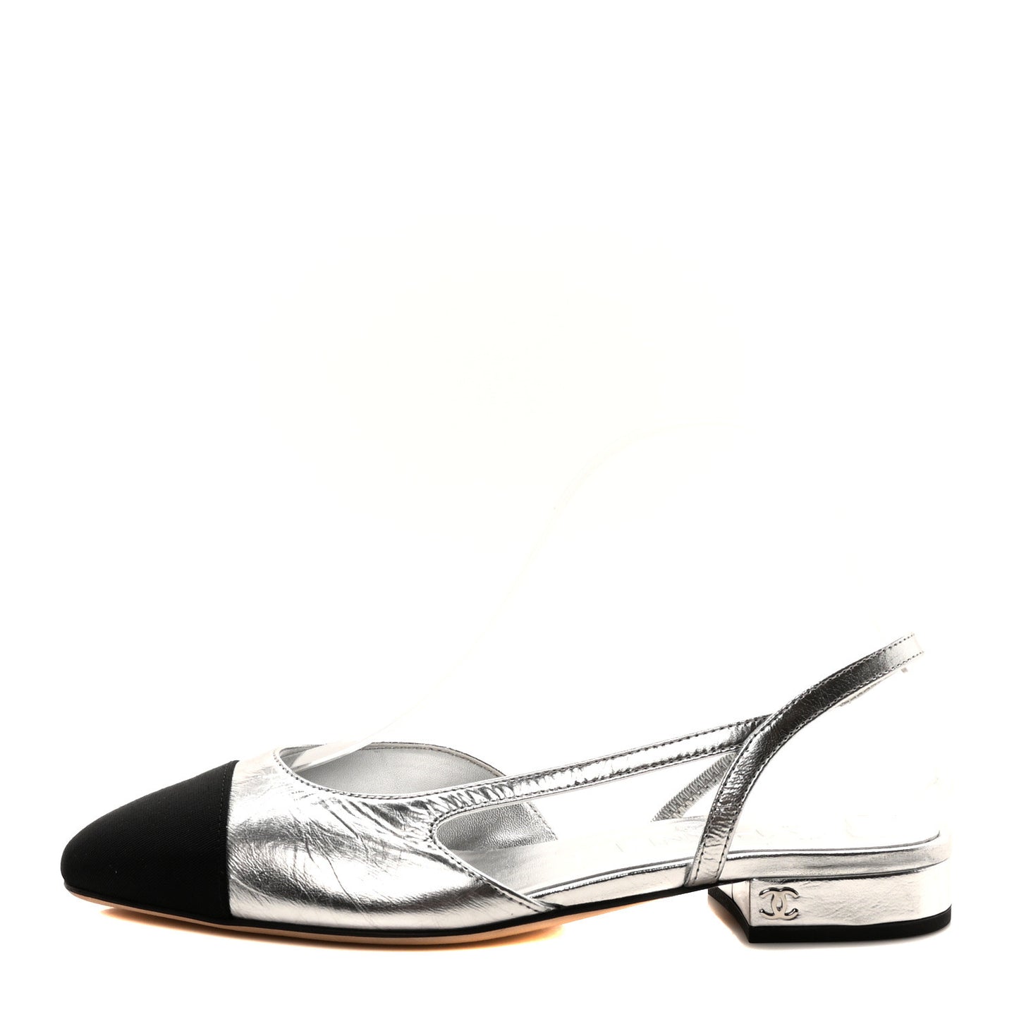 Metallic Lambskin Grosgrain Cap Toe CC Slingback Flats 36 Black Silver