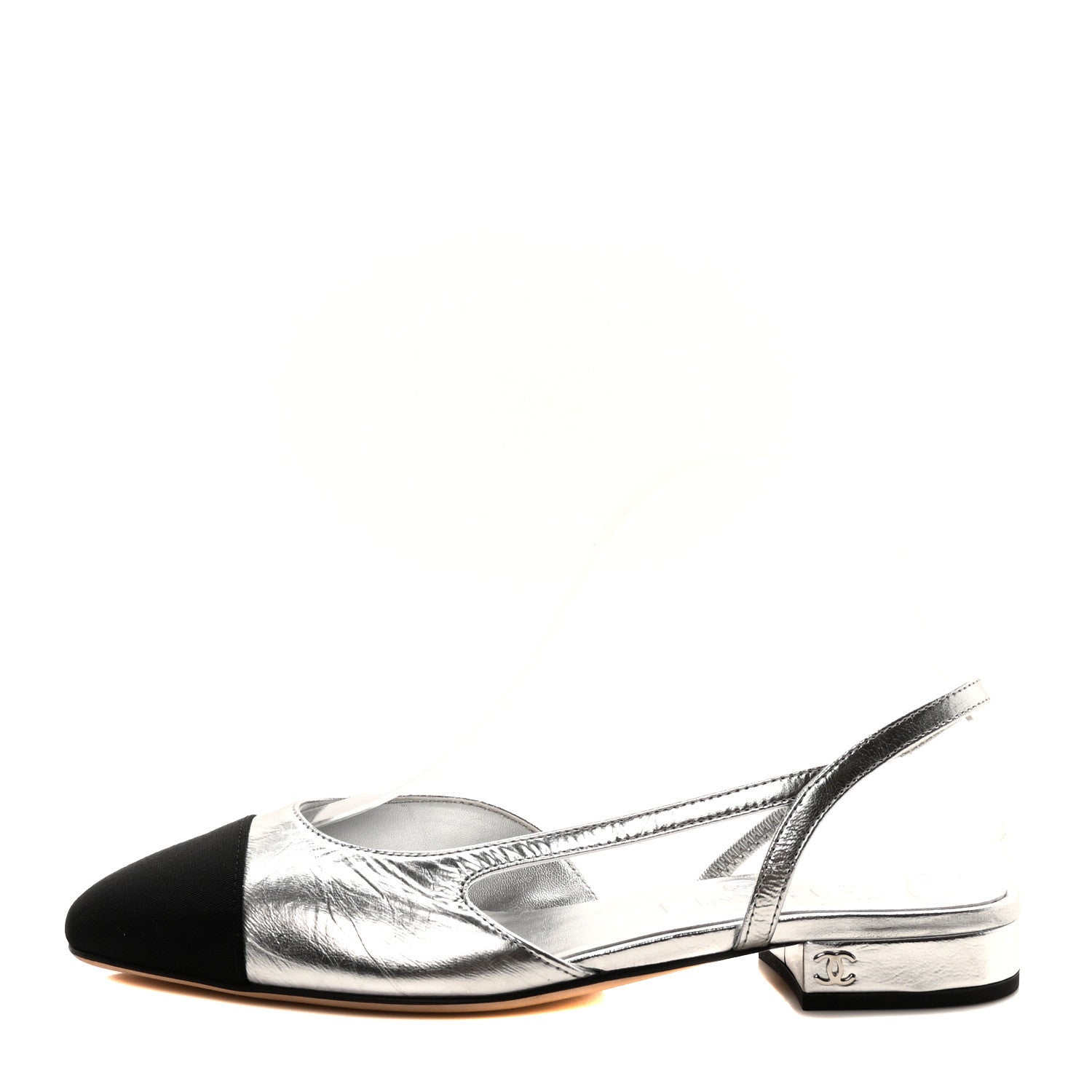 Chanel Metallic Lambskin Grosgrain Cap Toe CC Slingback Flats 36 Black Silver 1 of 8
