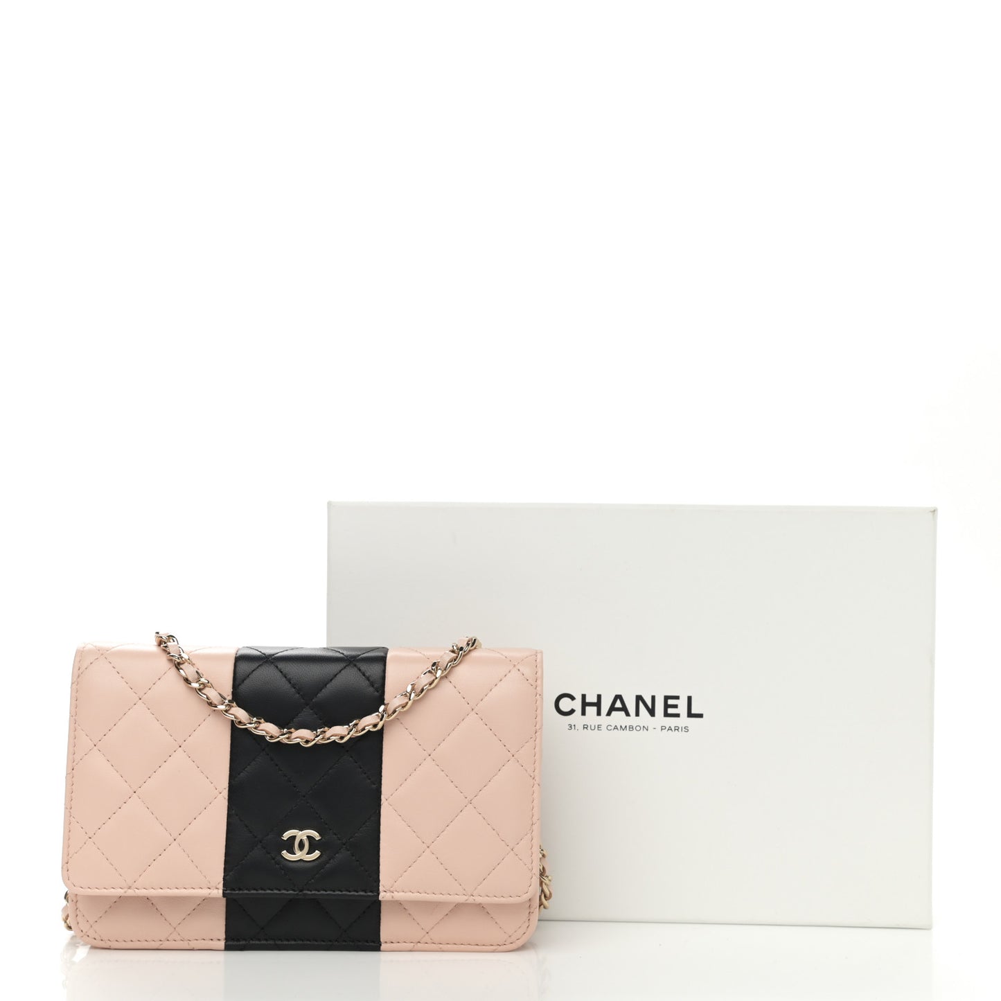 Lambskin Quilted Wallet On Chain WOC Beige Black