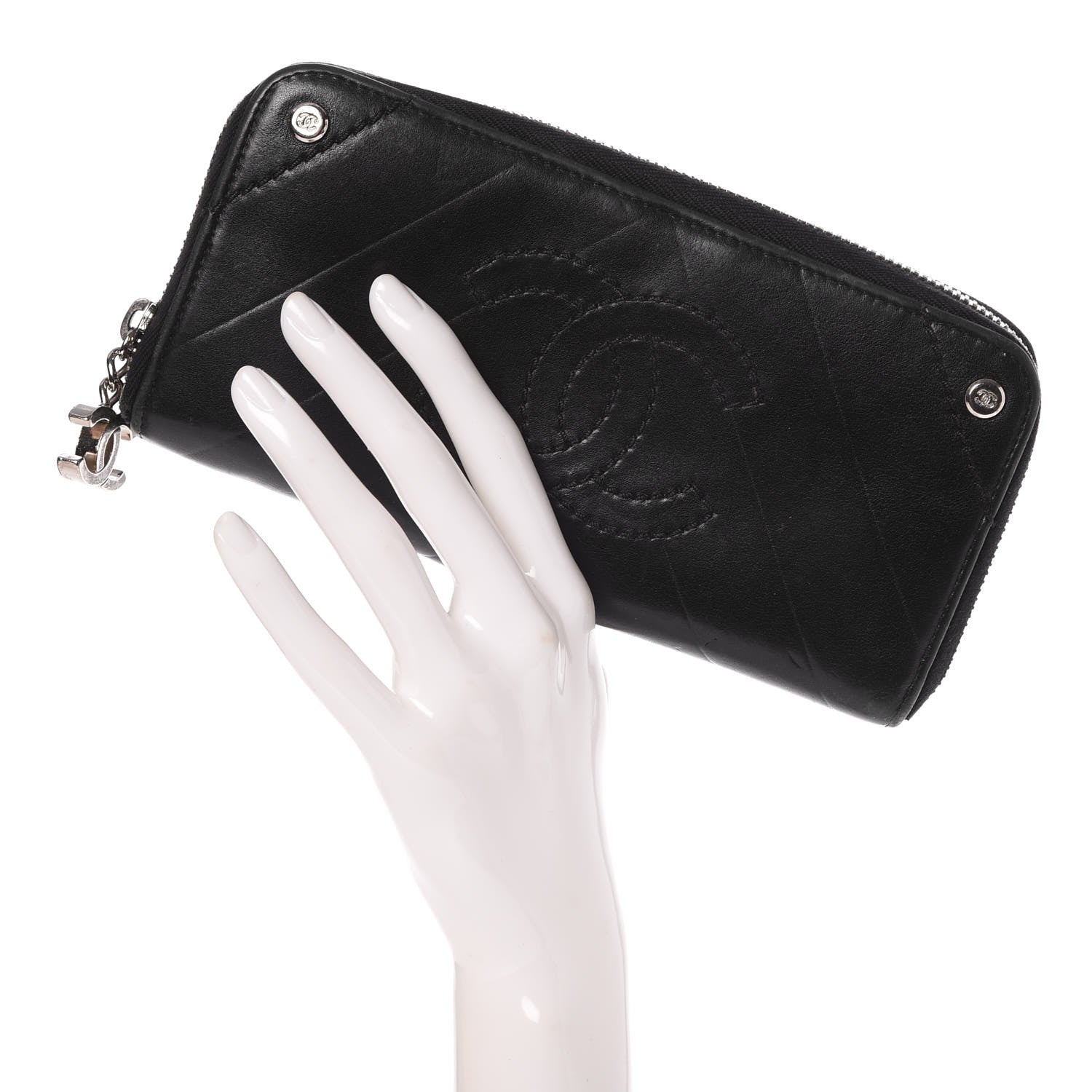 Chanel Lambskin Chevron Quilted CC Zip Around Wallet Black 2 of 9