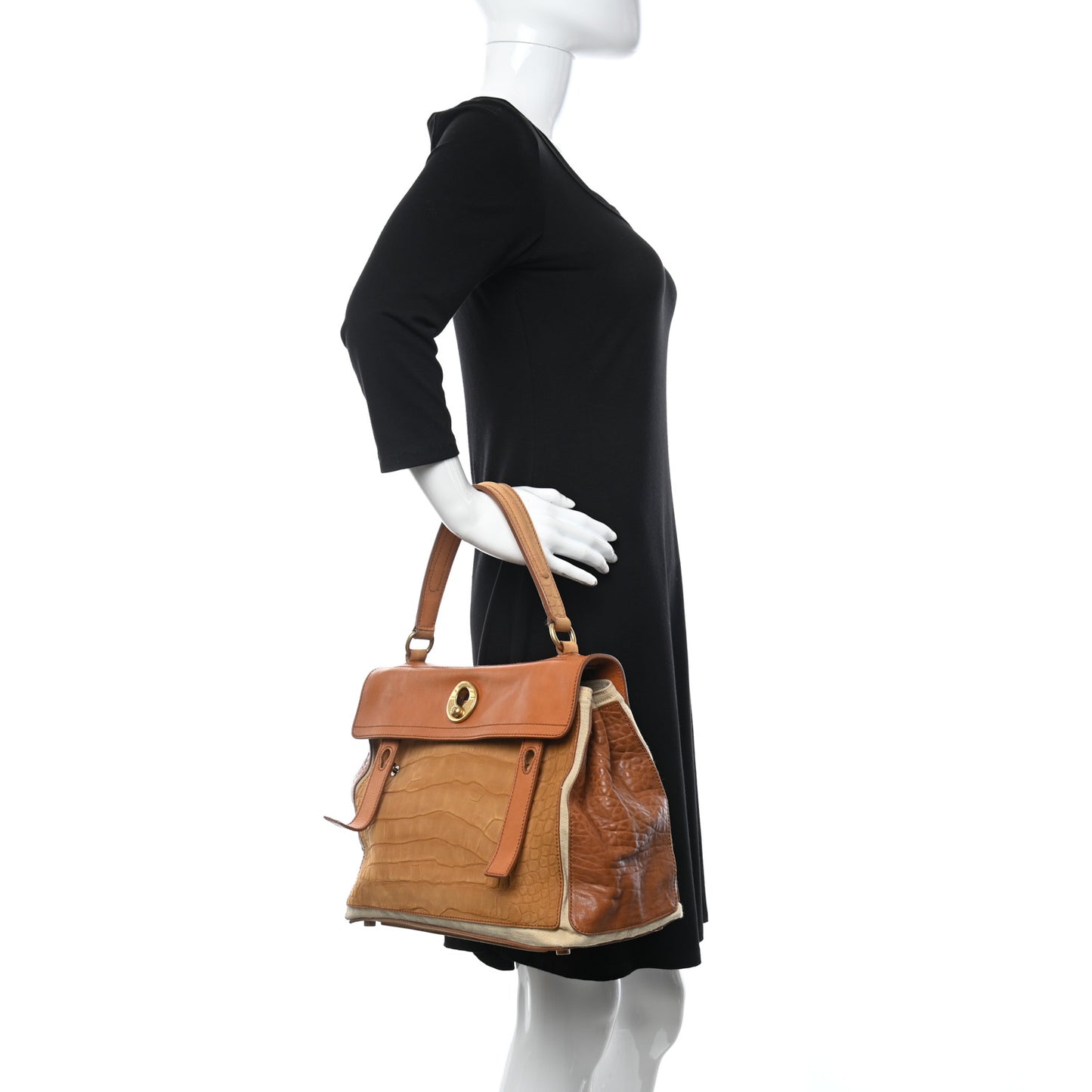 Crocodile Embossed Nubuck Calfskin Medium Muse Two Tote Tan