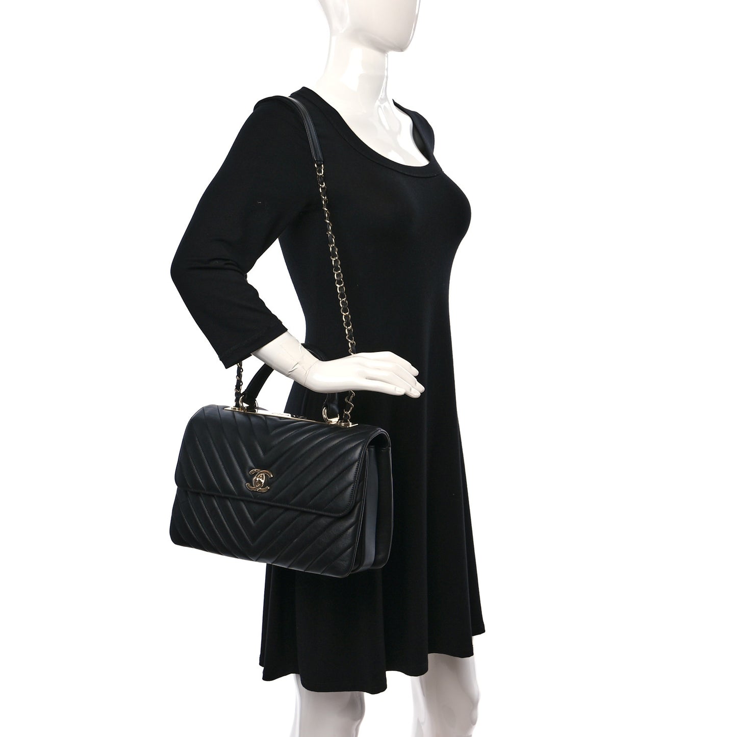 Lambskin Chevron Quilted Medium Trendy CC Dual Handle Flap Bag Black