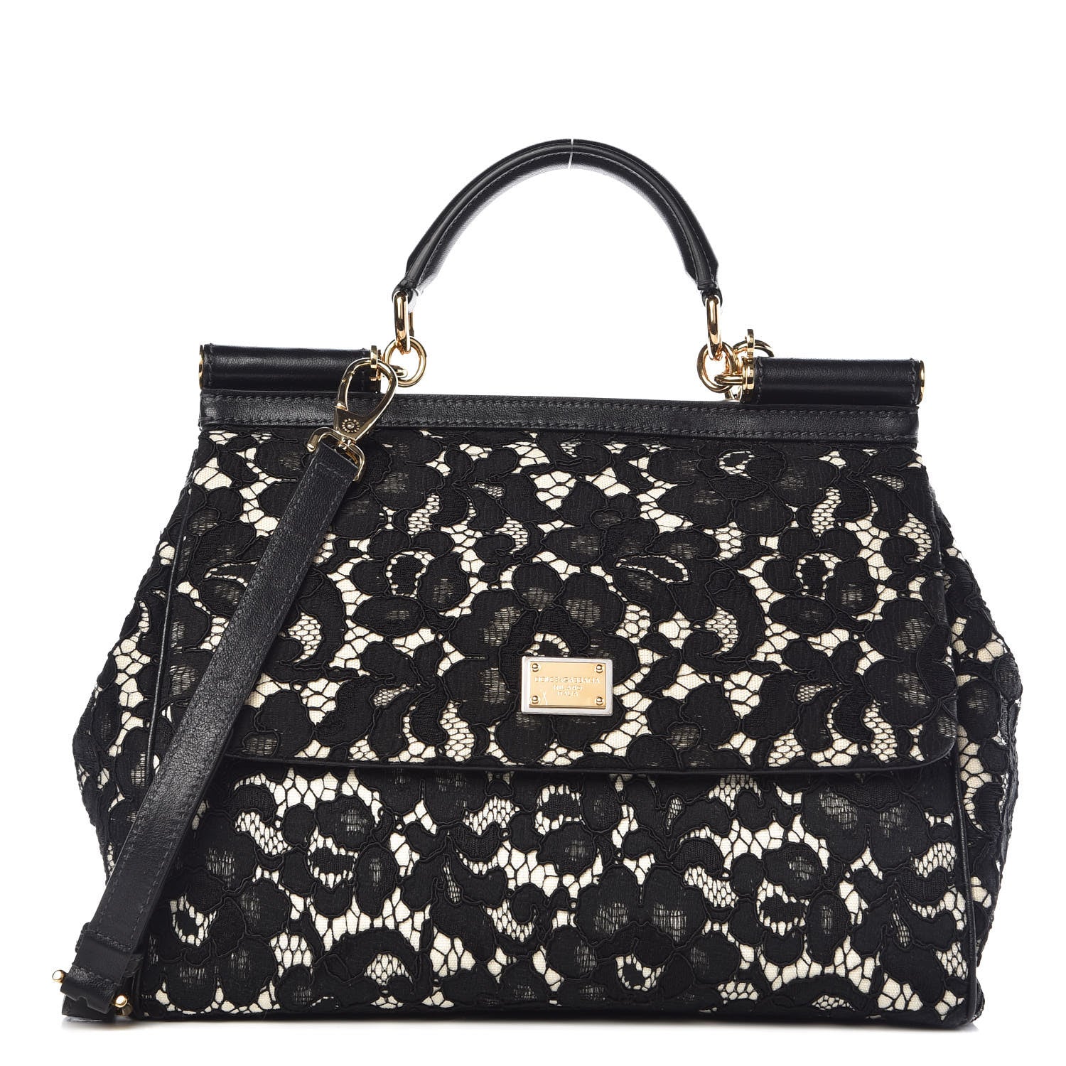 Dolce & Gabbana Calfskin Lace Large Miss Sicily Satchel Black 1 of 9