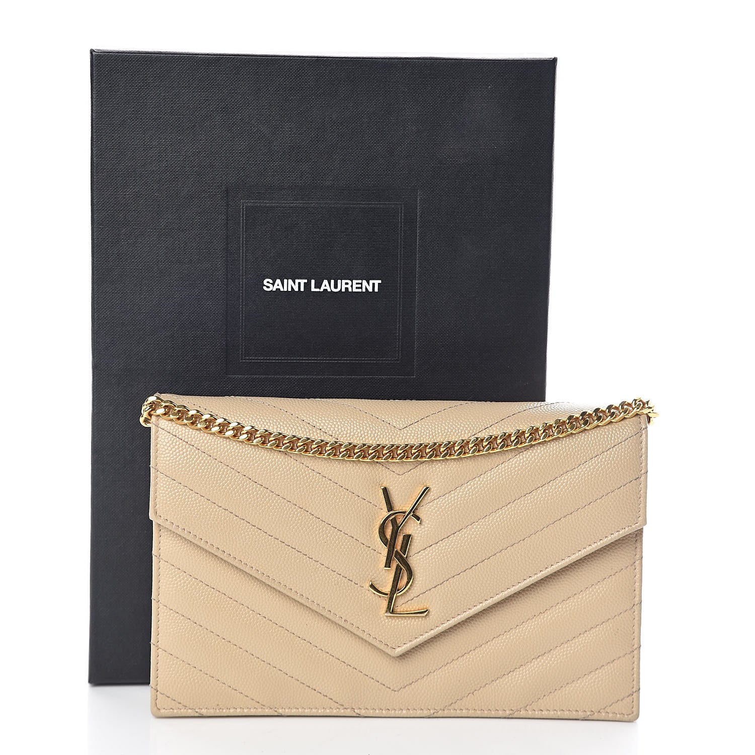 Saint Laurent Grain De Poudre Matelasse Chevron Monogram Envelope Chain Wallet Nude Powder 9 of 9