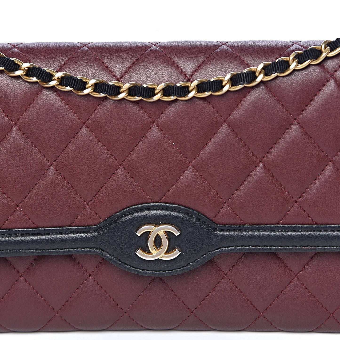 Lambskin Quilted Two Tone Clutch With Chain Burgundy Black
