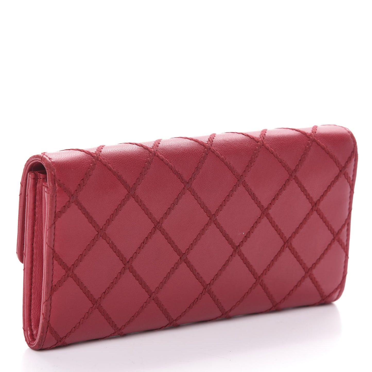 Calfskin Diamond Stitch Large Gusset Flap Wallet Dark Pink