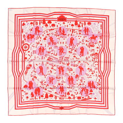 Hermes Silk Les Nouveaux Amoureux de Paris Scarf 90 Blanc Rogue Mauve 1 of 3