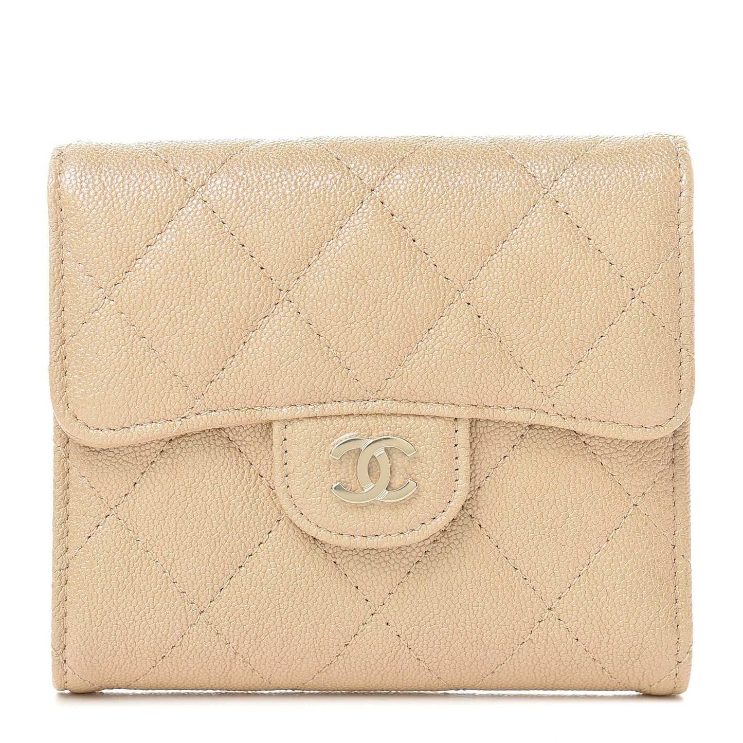 Iridescent Caviar Quilted Compact Flap Wallet Beige