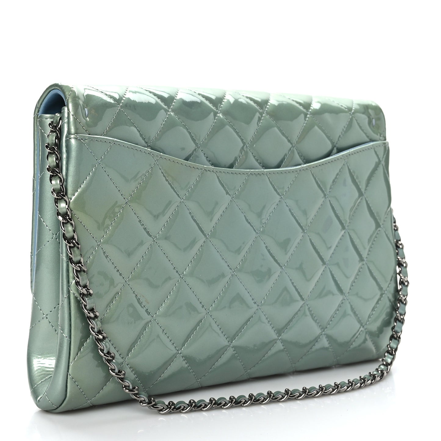 Patent Quilted Clutch with Chain Flap Blue