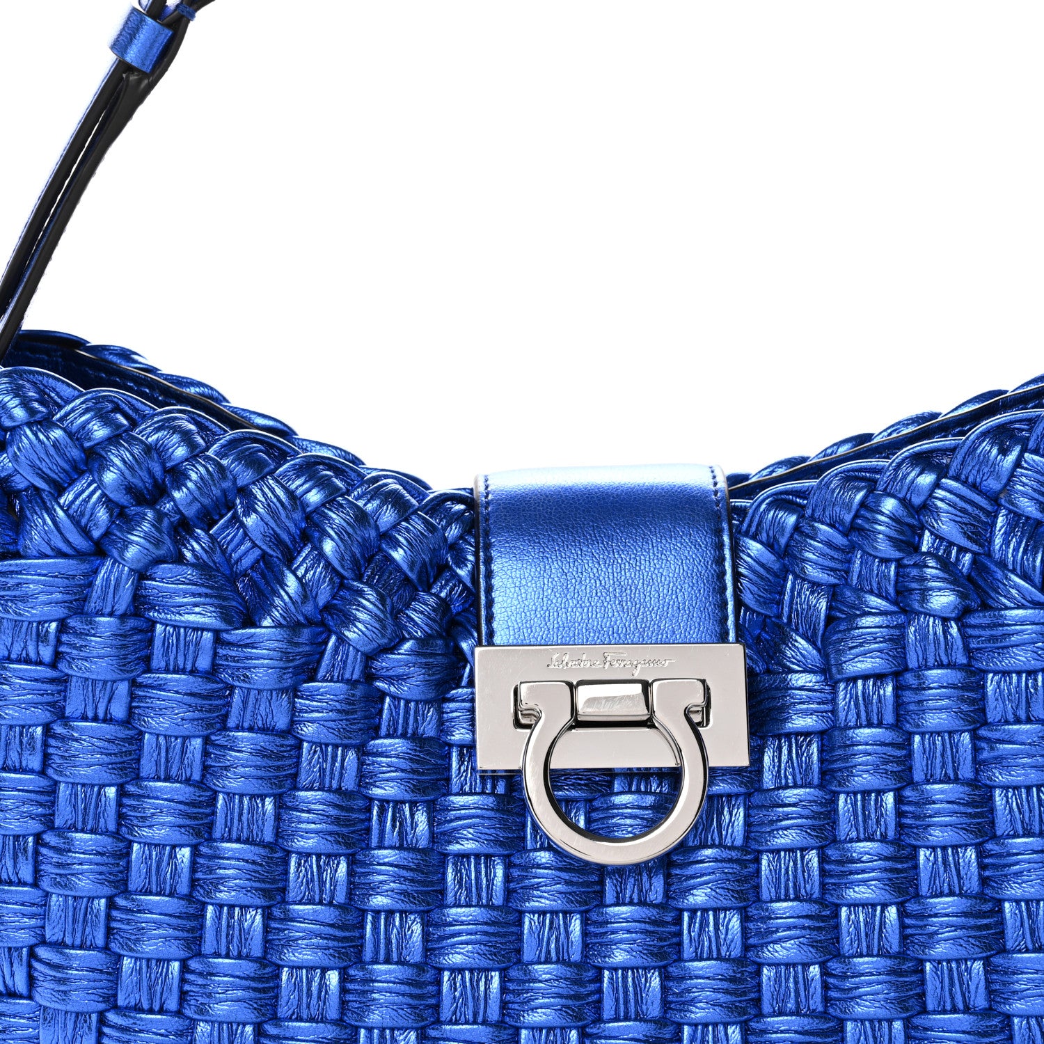 Salvatore Ferragamo Metallic Woven Calfskin Trifolio Shoulder Bag Bluette 8 of 10