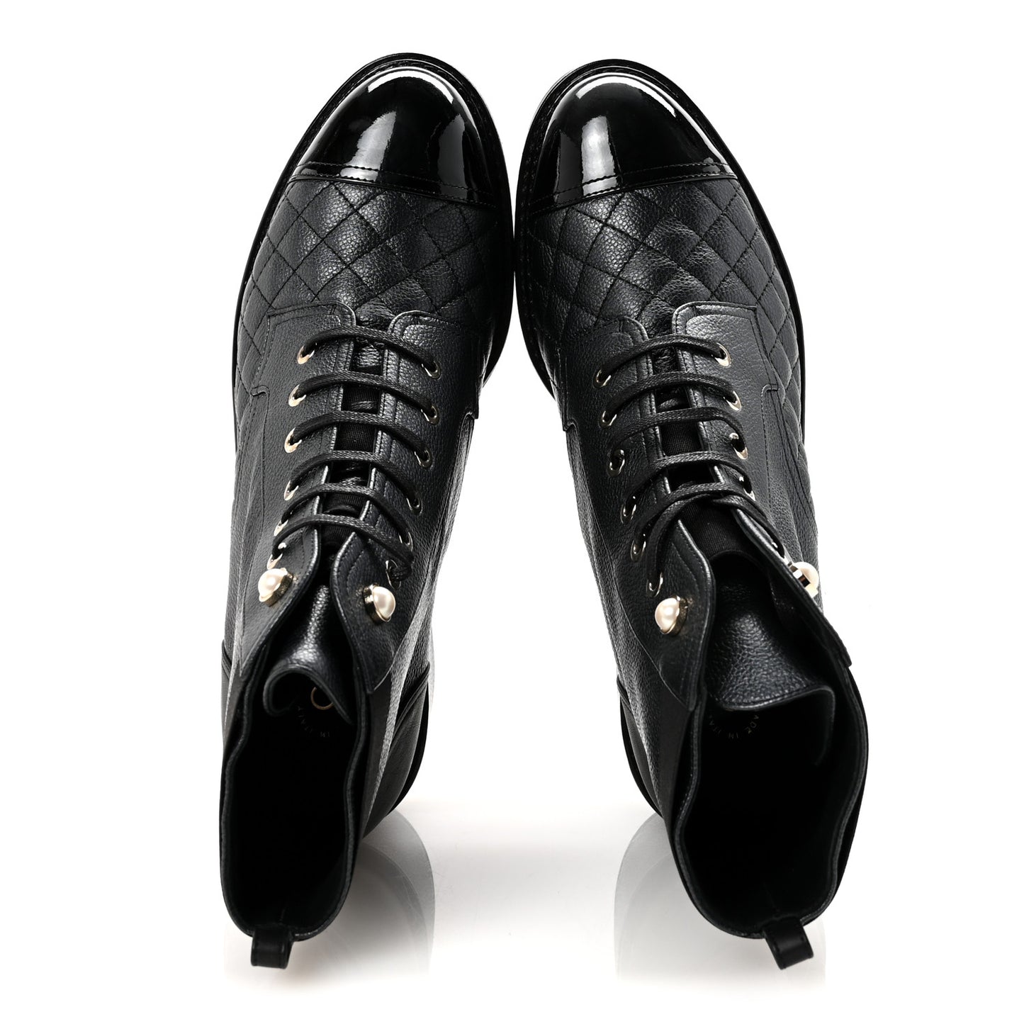 Pearly Calfskin Patent Calfskin Lace Up Combat Boots 41 Black