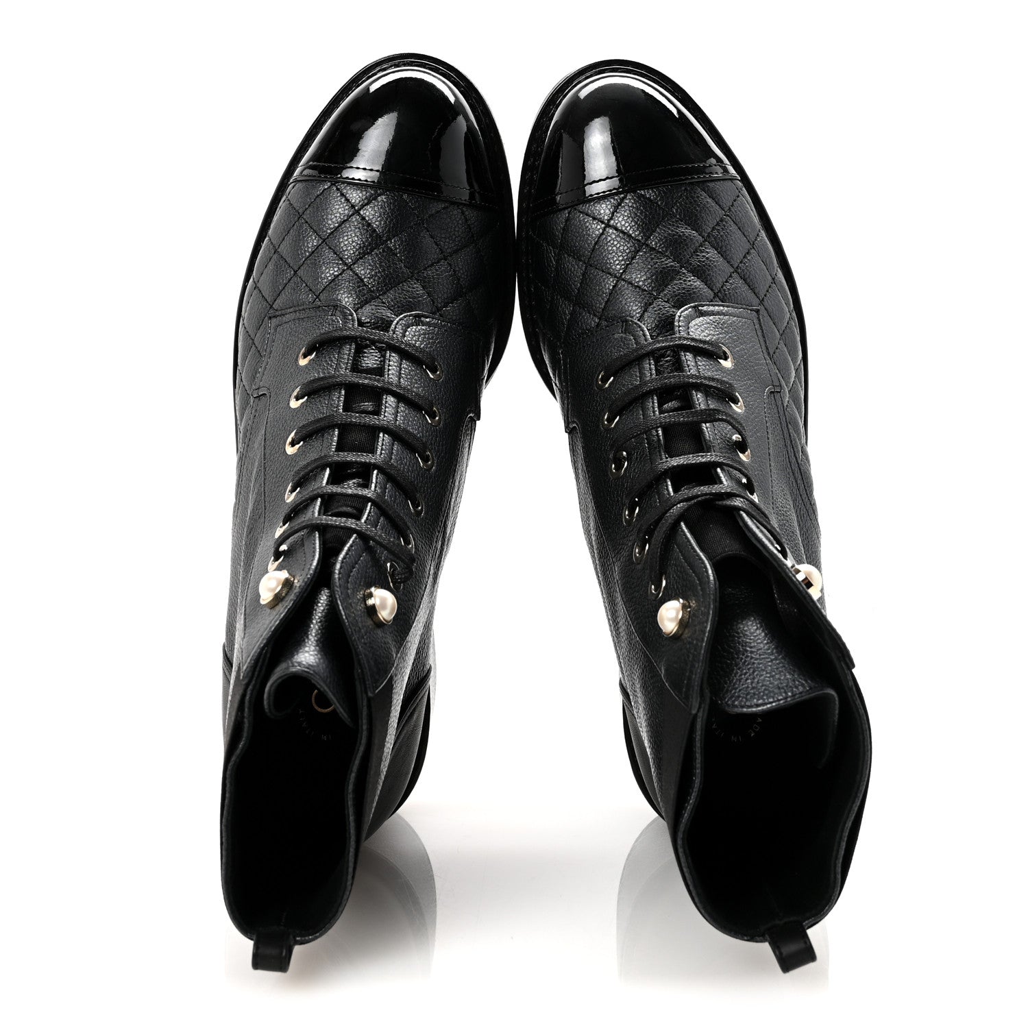 Chanel Pearly Calfskin Patent Calfskin Lace Up Combat Boots 41 Black 2 of 9