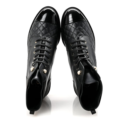 Chanel Pearly Calfskin Patent Calfskin Lace Up Combat Boots 41 Black 2 of 9