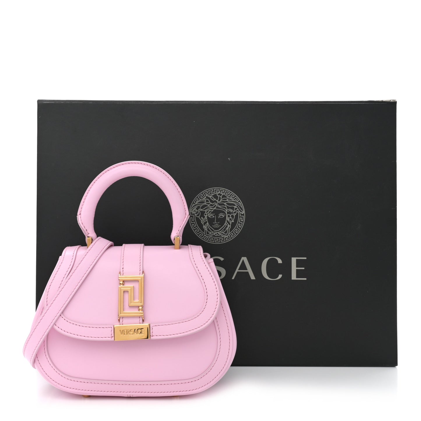 Calfskin Greca Goddess Mini Top Handle Bag Pink