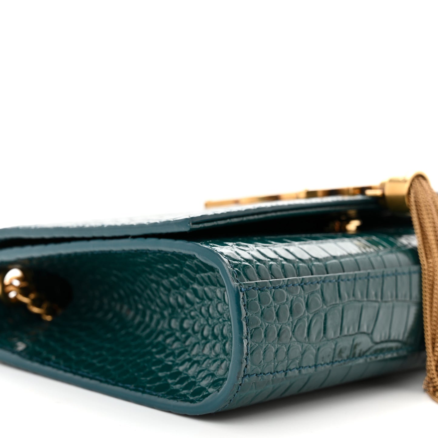 Calfskin Crocodile Embossed Small Classic Monogram Kate Tassel Satchel Dark Green