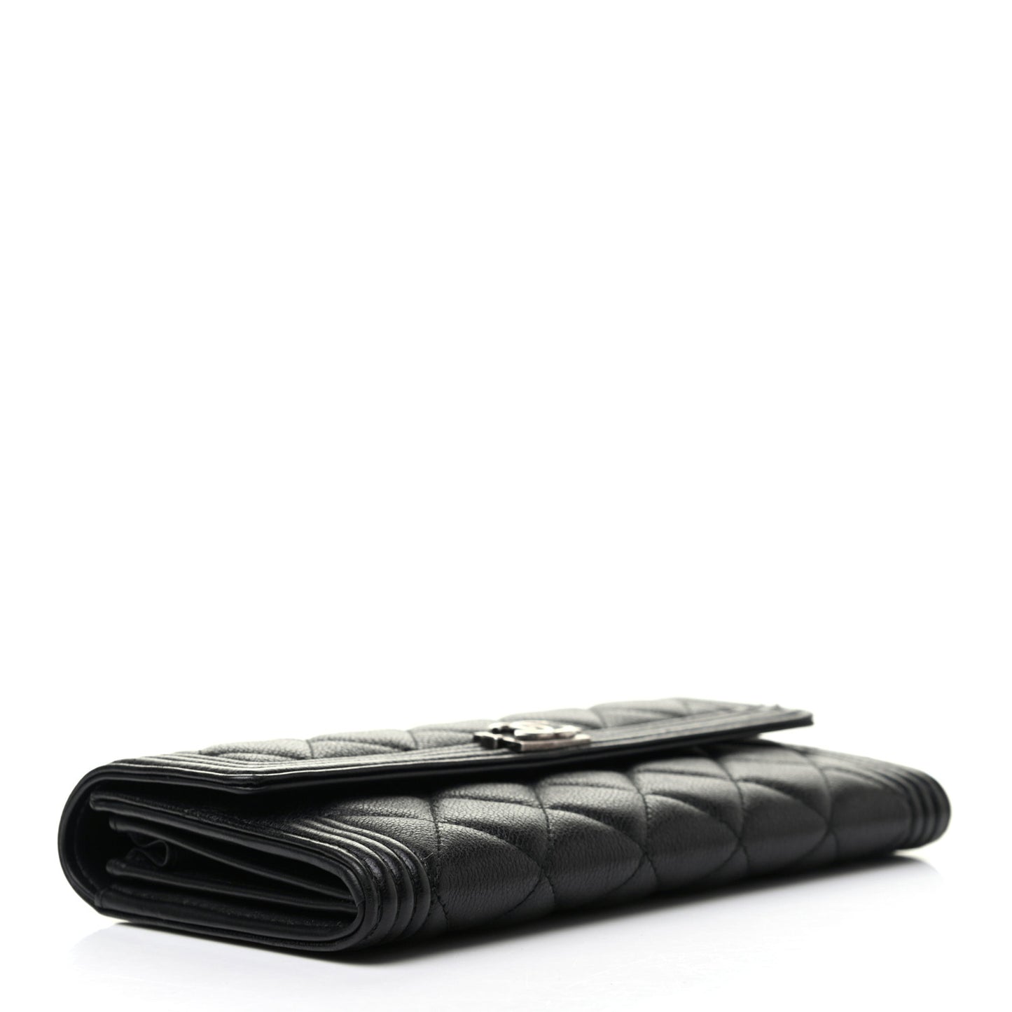 Calfskin Quilted Large Boy Gusset Flap Wallet Black