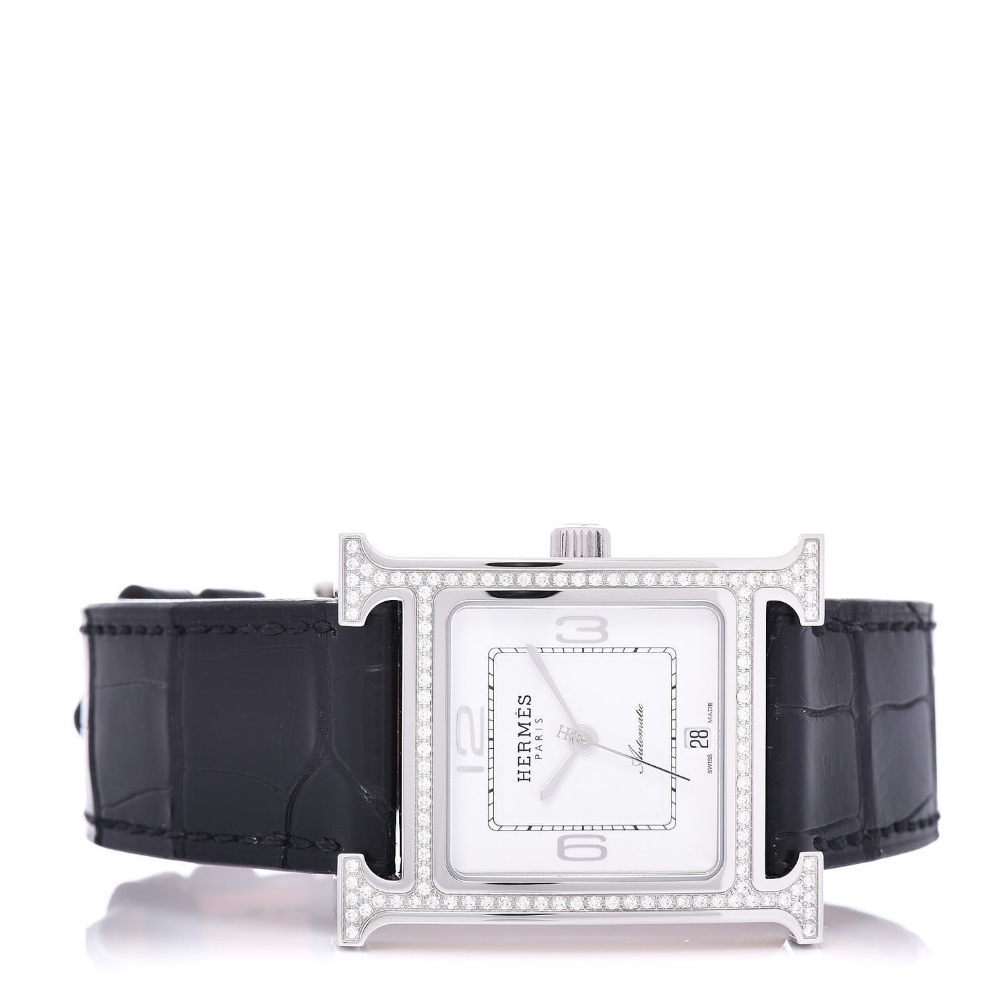 Stainless Steel Alligator Diamond Bezel 26mm Heure H Hour Automatic Watch Noir