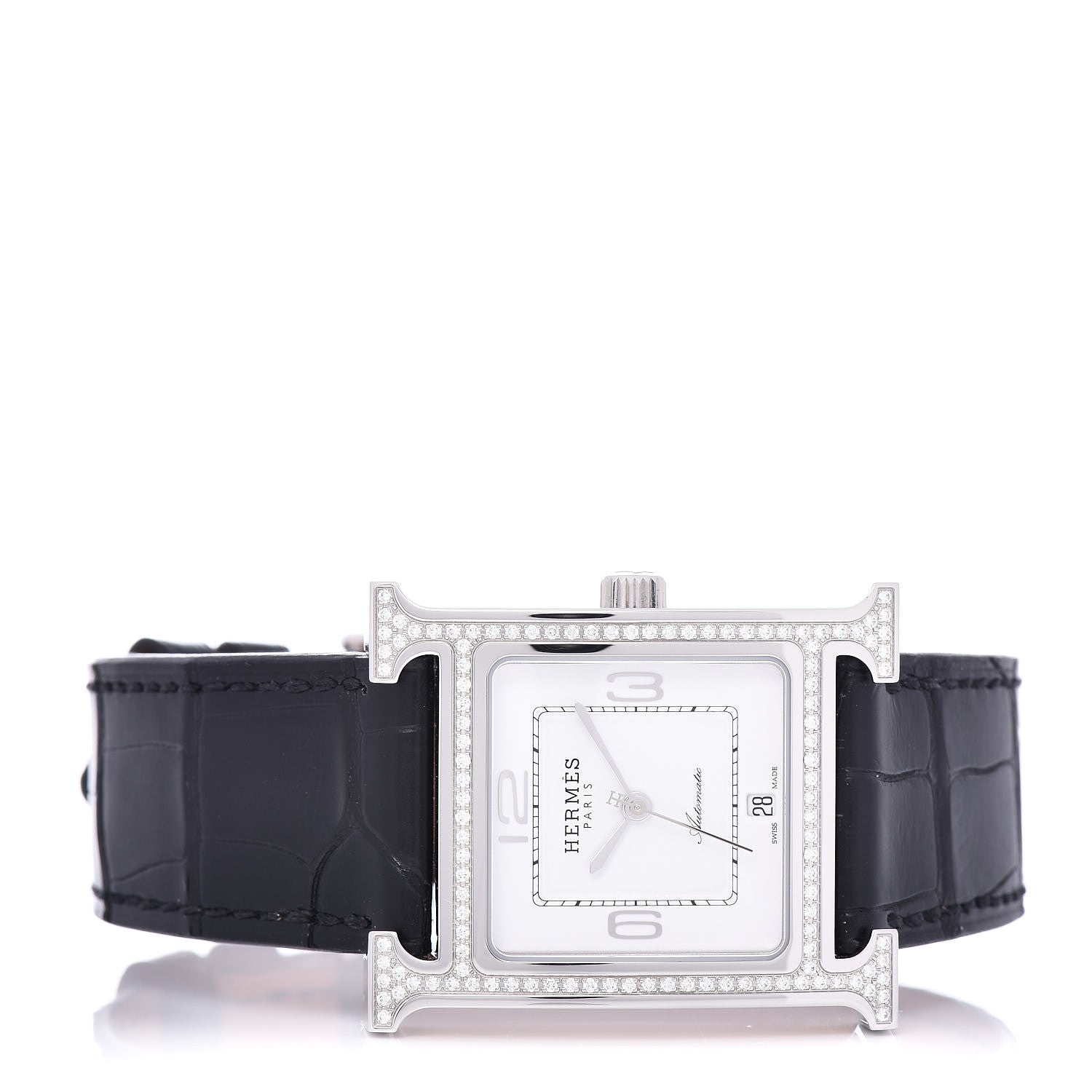 Hermes Stainless Steel Alligator Diamond Bezel 26mm Heure H Hour Automatic Watch Noir 3 of 6