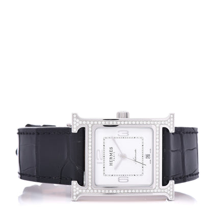 Hermes Stainless Steel Alligator Diamond Bezel 26mm Heure H Hour Automatic Watch Noir 3 of 6