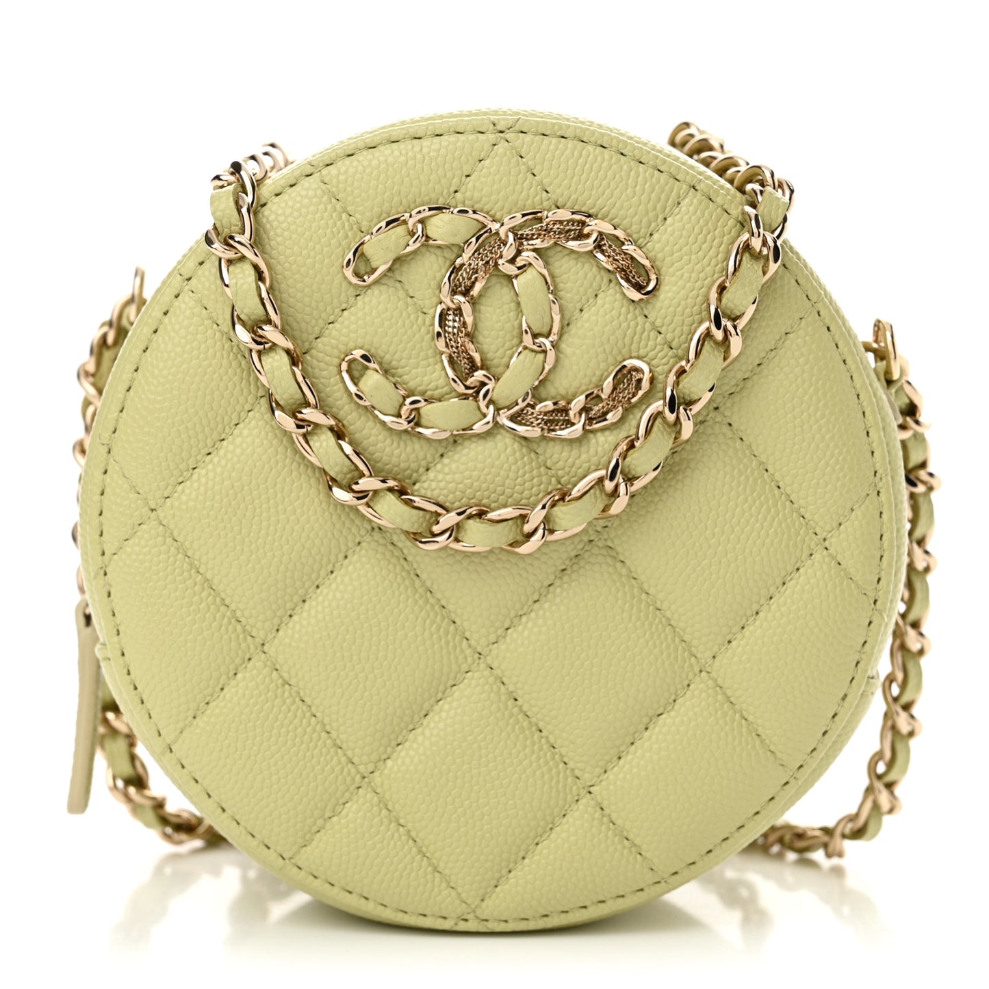 Caviar Quilted French New Wave Round Clutch With Chain Light Green