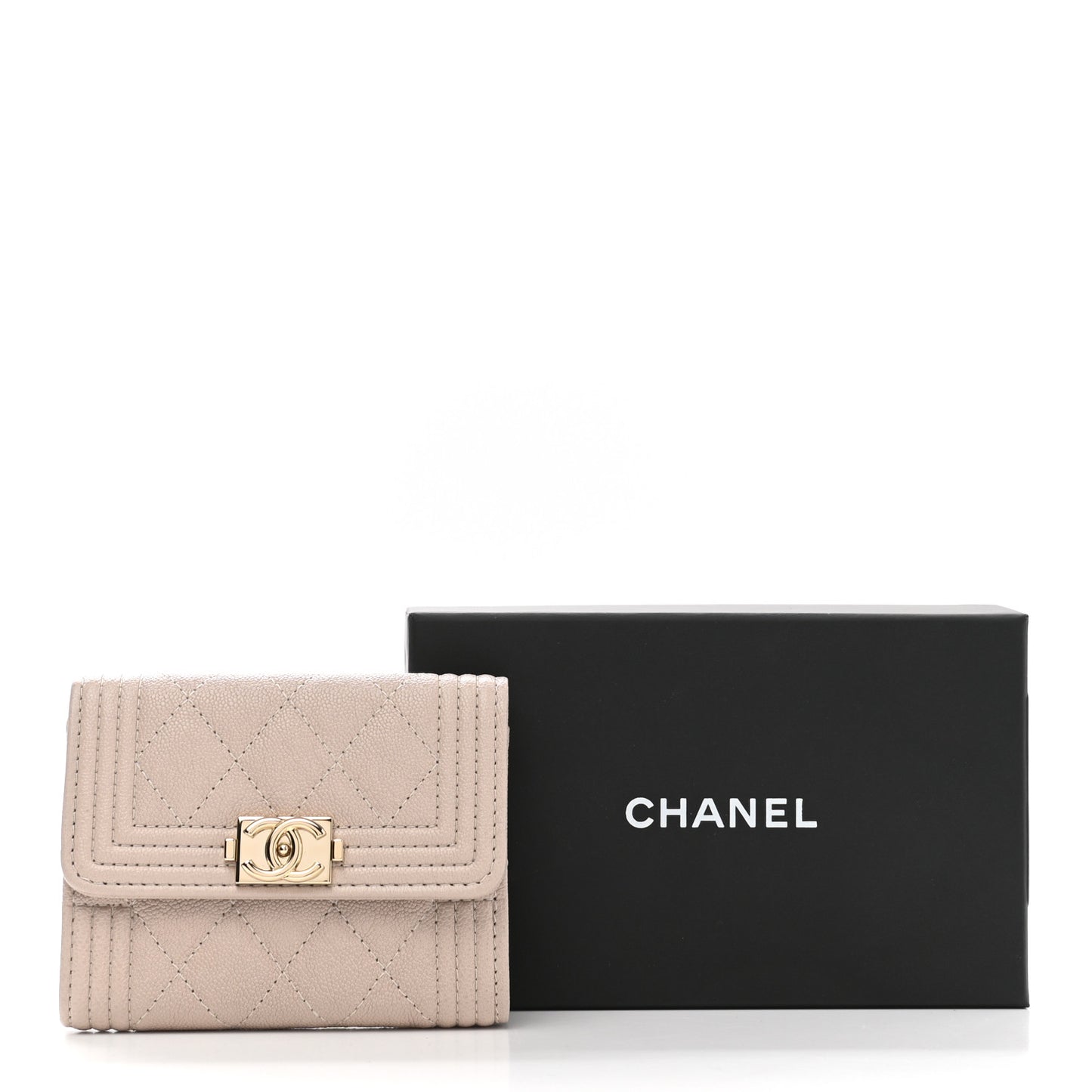 Caviar Quilted Boy Card Holder Wallet Beige