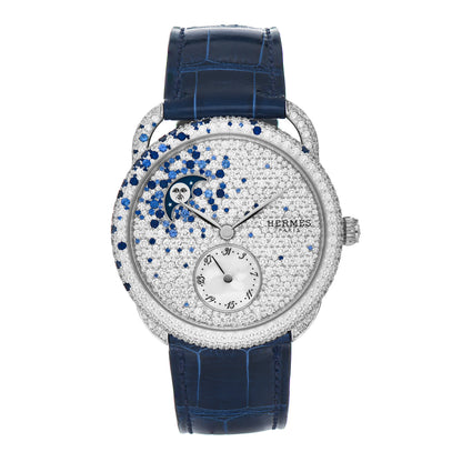 Hermes 18K White Gold Alligator Diamond 38mm Arceau Petite Lune Automatic Watch Bleu Saphir 1 of 5