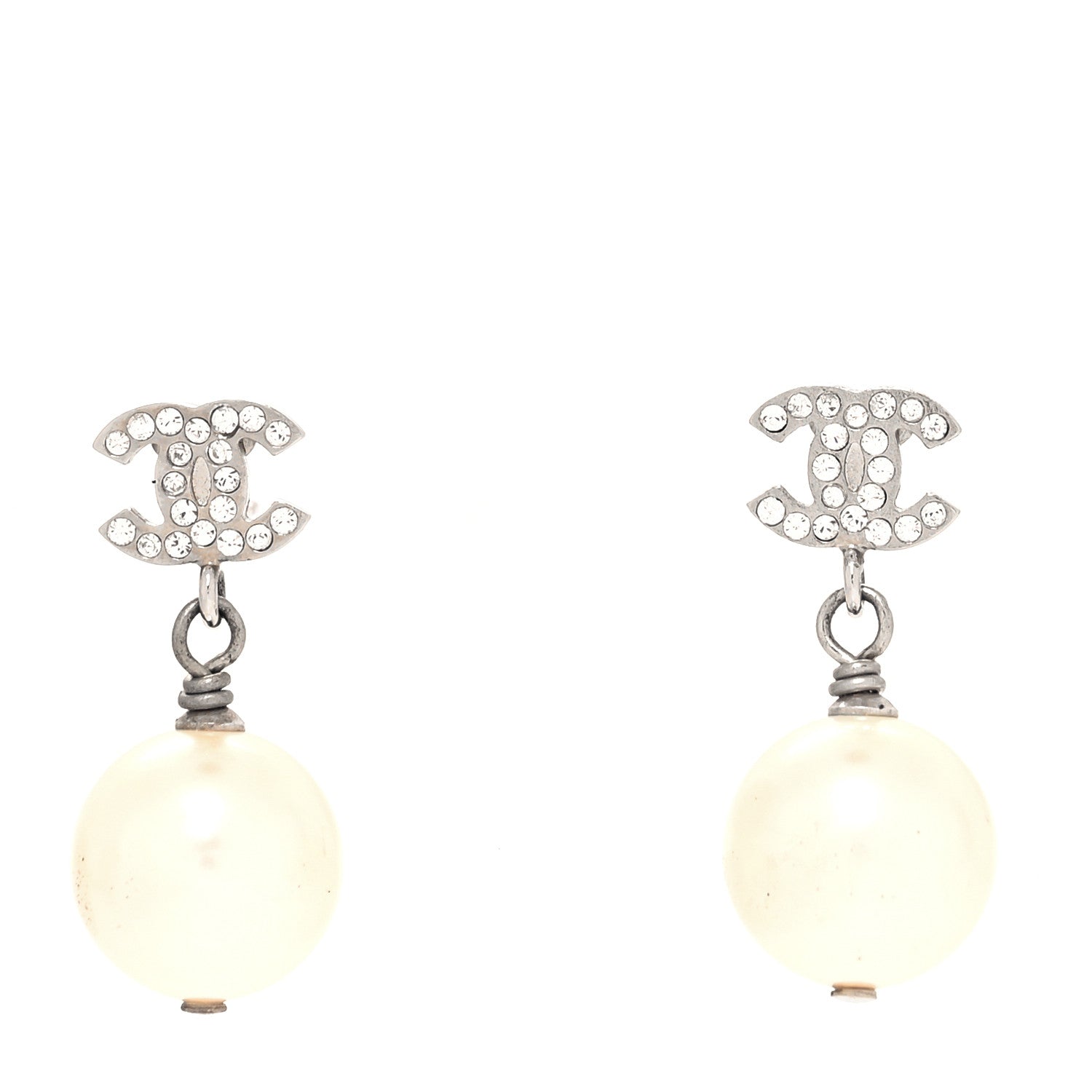Chanel Crystal Pearl CC Drop Earrings Silver Pearly White 1 of 4