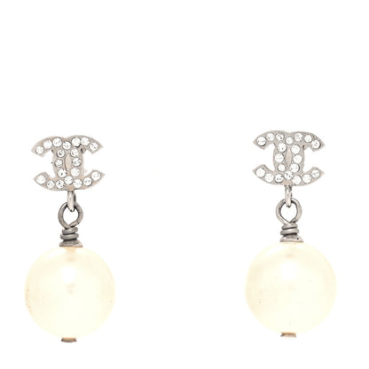 Chanel Crystal Pearl CC Drop Earrings Silver Pearly White 1 of 4