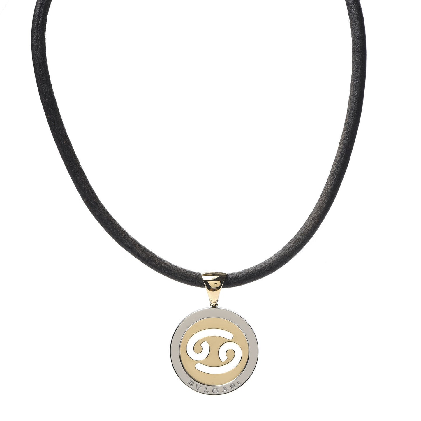 18K Yellow Gold Stainless Steel Calfskin Tondo Cancer Zodiac Pendant Necklace