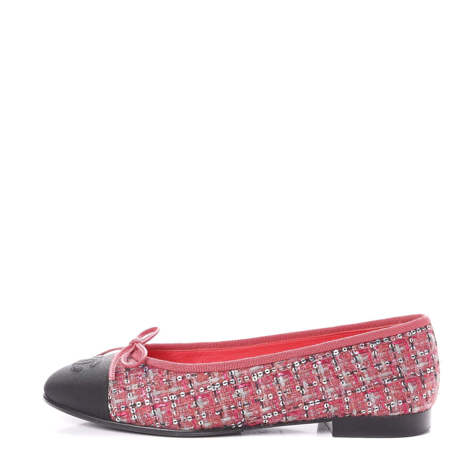 Chanel Tweed Grosgrain Sequin Cap Toe Ballerina Flats 37.5 Pink Black 1 of 11