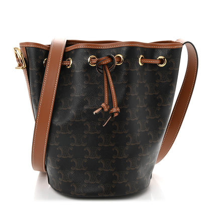 Celine Triomphe Canvas Calfskin Small Drawstring Bucket Bag Tan 1 of 11