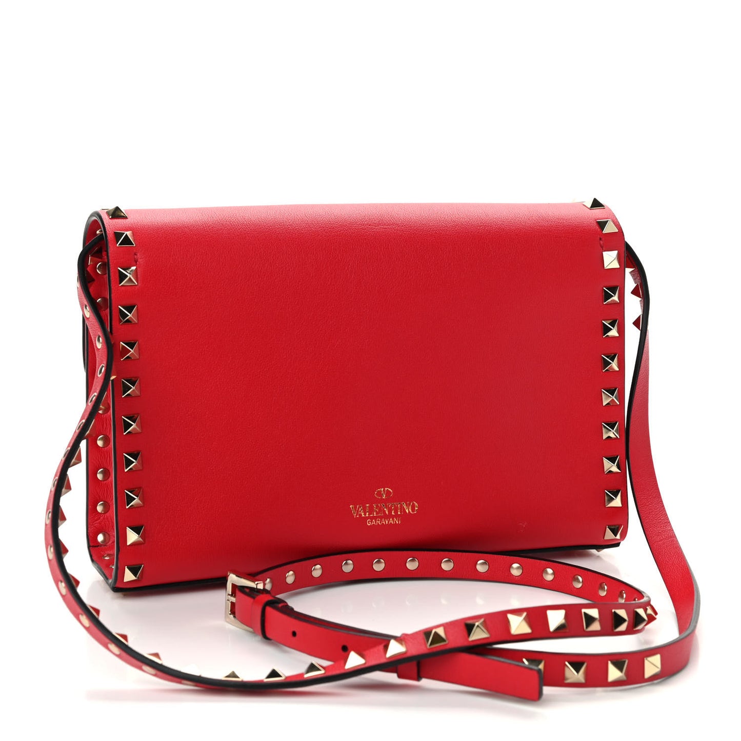 Vitello Medium Rockstud Flip Lock Crossbody Bag Rouge Pur