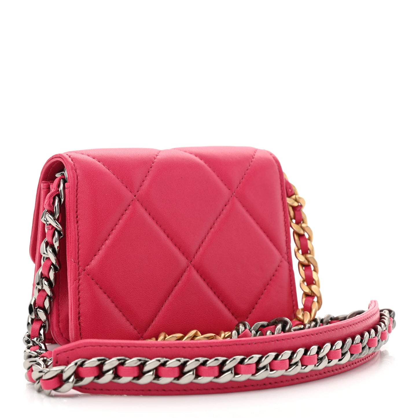 Lambskin Quilted Chanel 19 Flap Card Holder With Chain Dark Pink