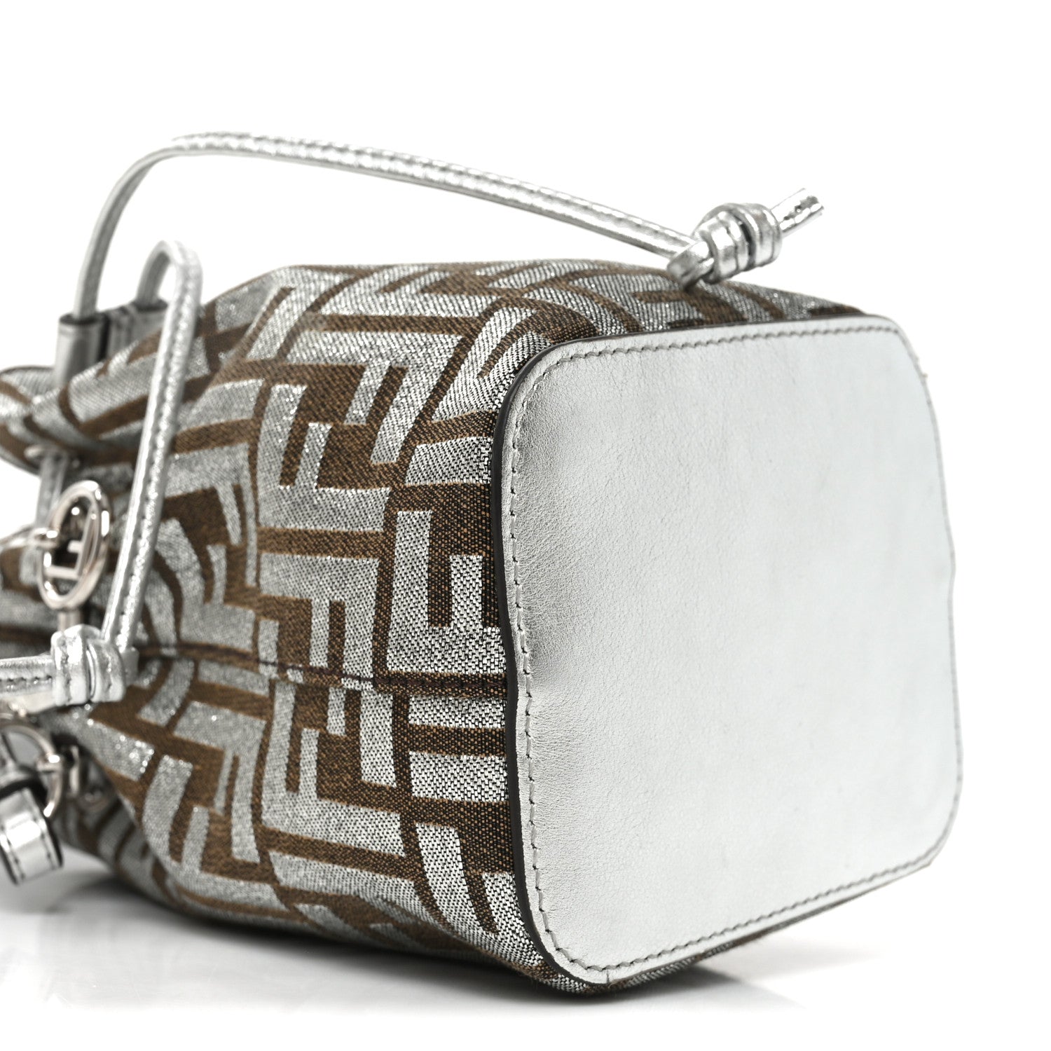Fendi Vitello Catalan Mirror Canvas Fabric Jacquard FF 1974 Mini Mon Tresor Bucket Bag Ebano Argento 9 of 10