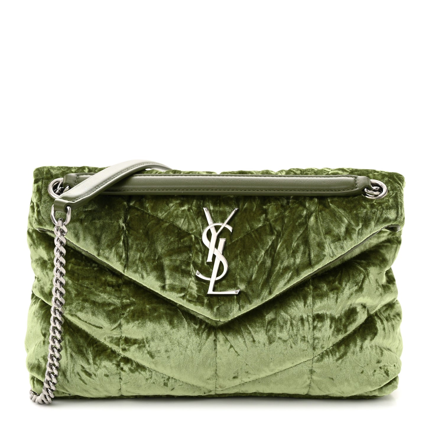 Crushed Velvet Quilted Small Loulou Puffer Monogram Chain Satchel Green
