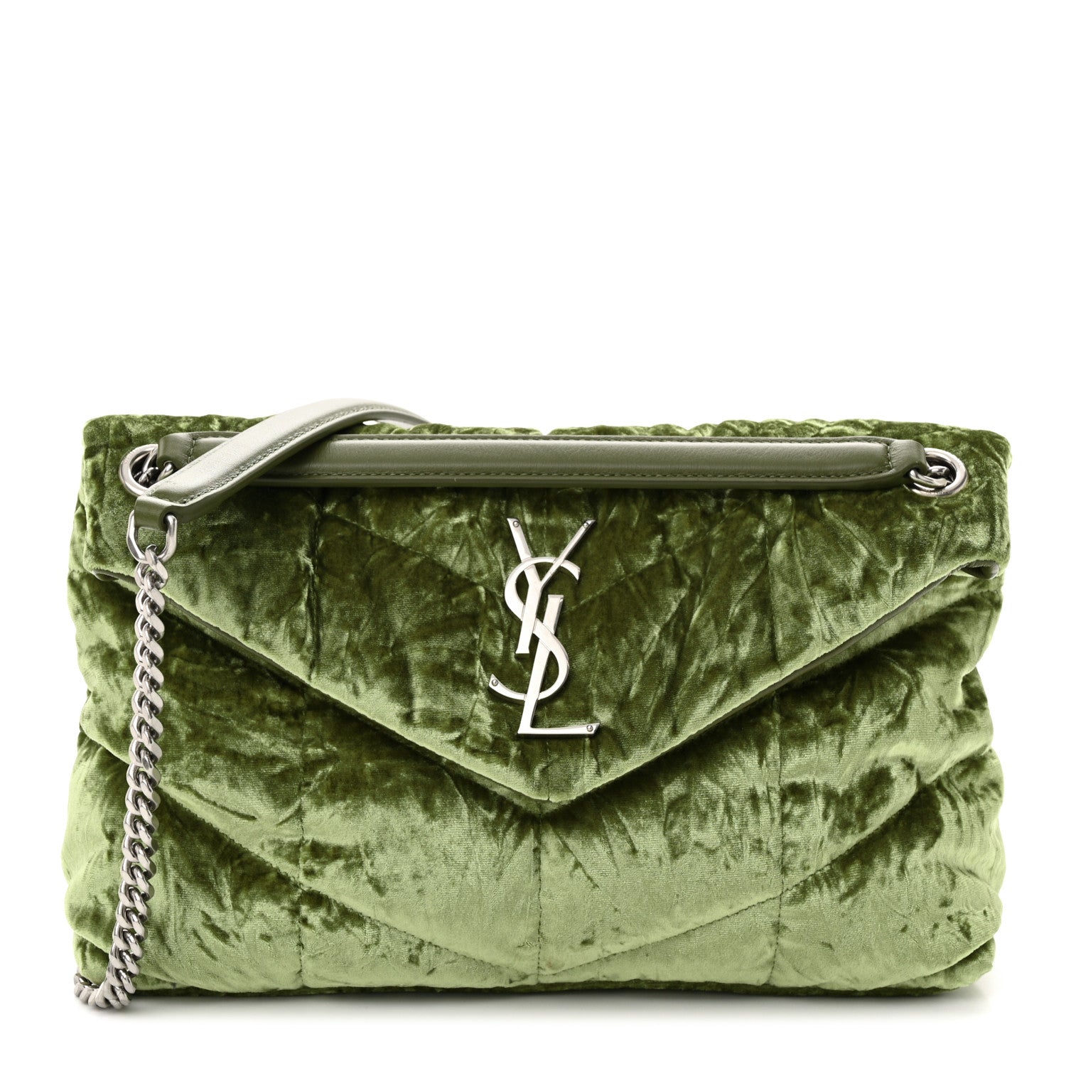 Saint Laurent Crushed Velvet Quilted Small Loulou Puffer Monogram Chain Satchel Green 1 of 11