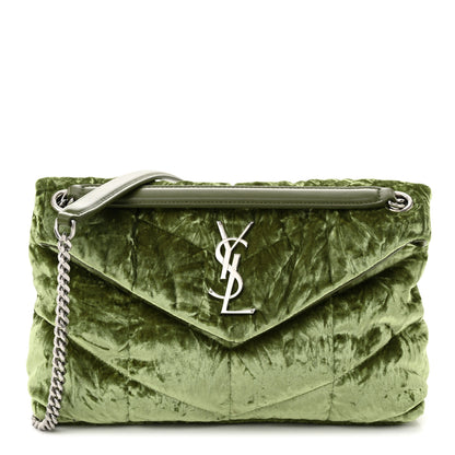 Saint Laurent Crushed Velvet Quilted Small Loulou Puffer Monogram Chain Satchel Green 1 of 11