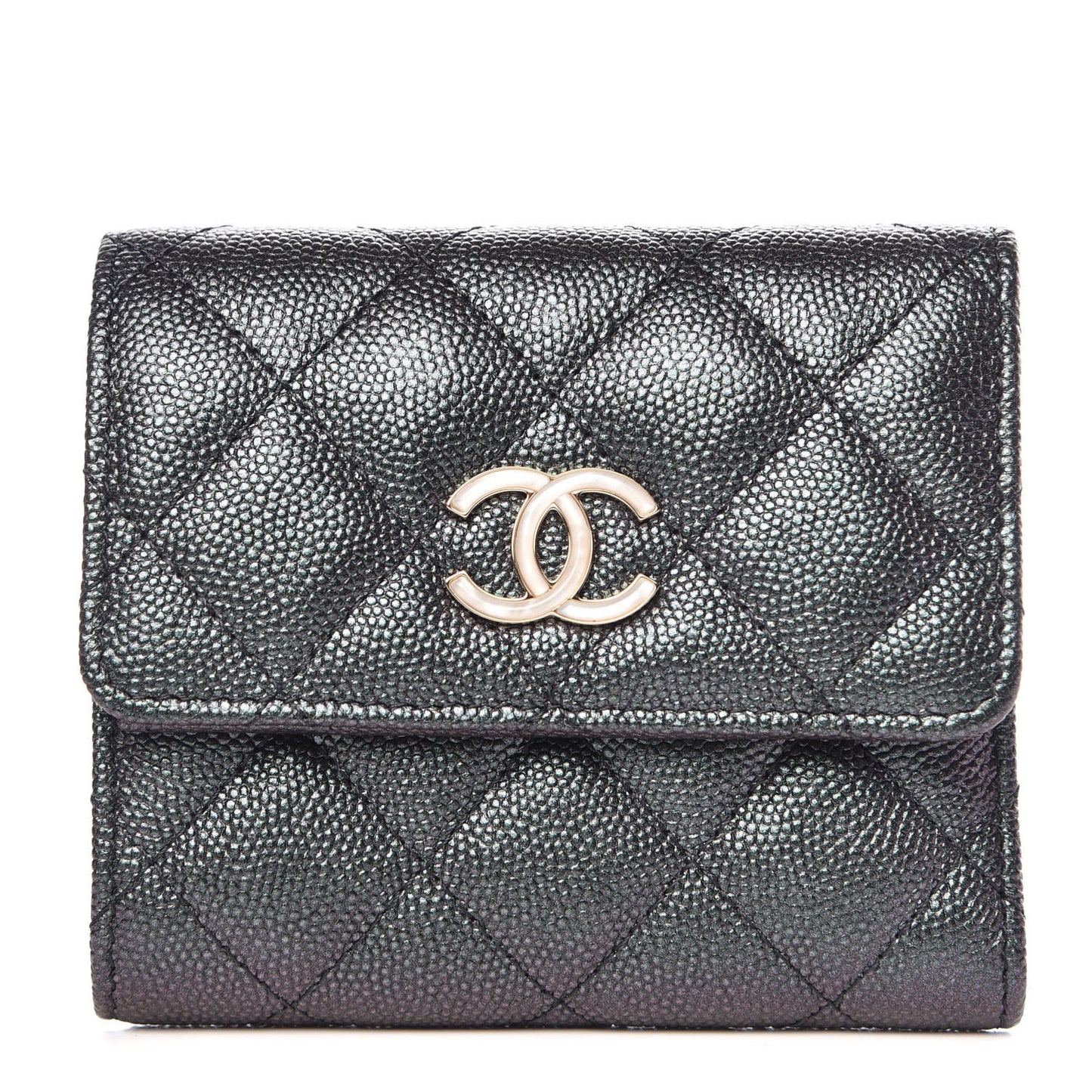 Iridescent Caviar Quilted Small Flap Wallet Black