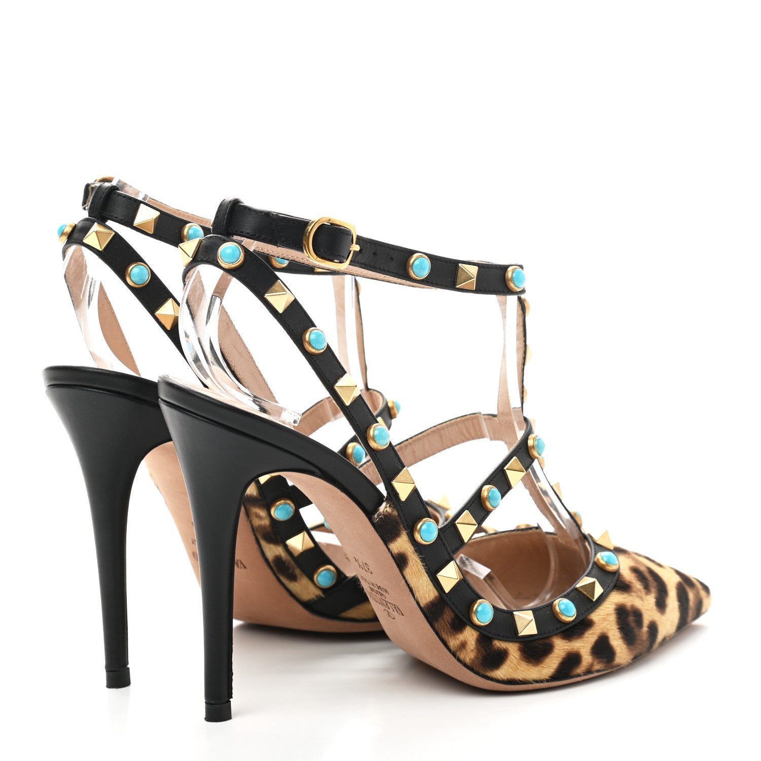 Valentino Garavani Calf Hair Leopard Print Rockstud Rolling Ankle Strap Pumps 37.5 Champagne Testa di Moro 4 of 8