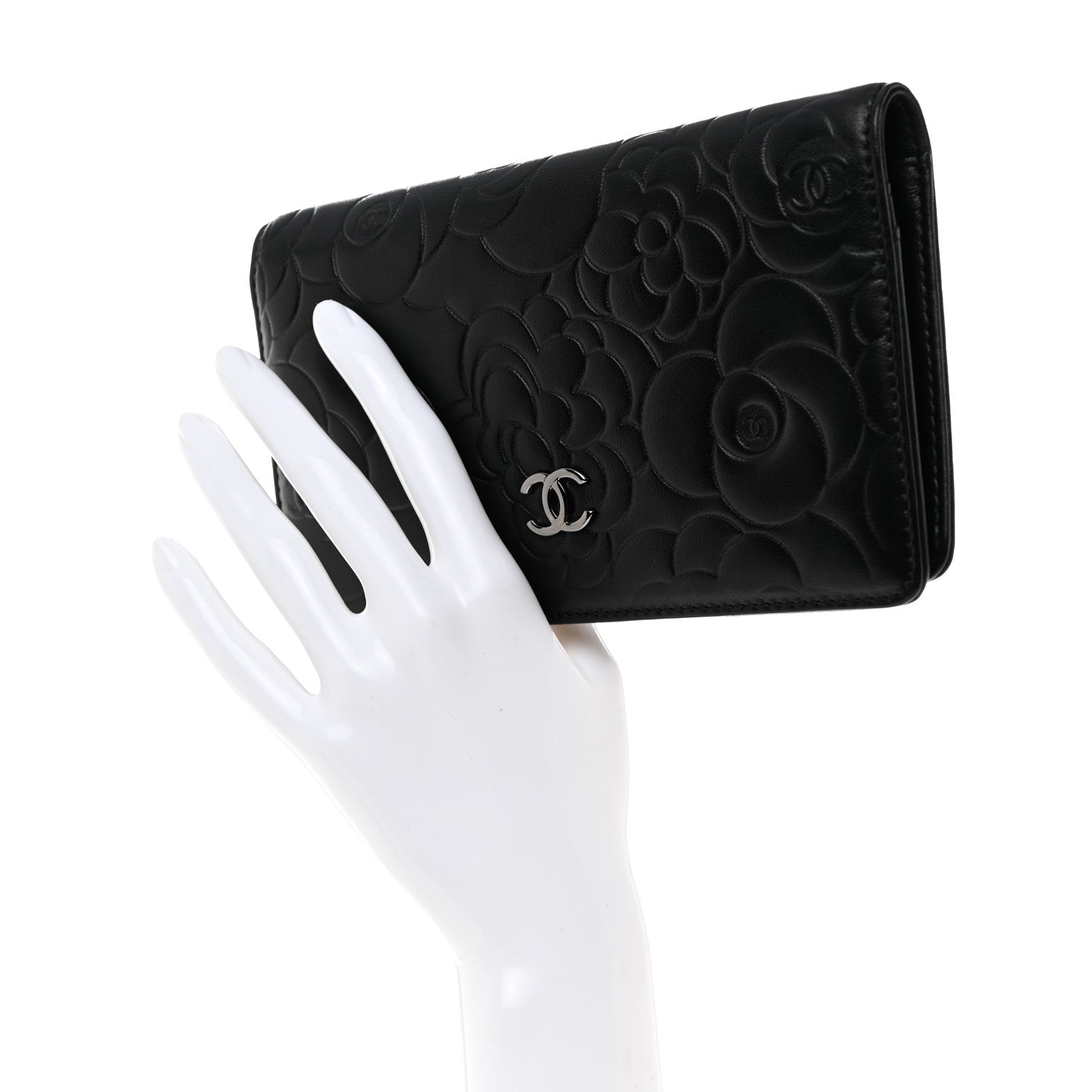 Chanel Lambskin Camellia Embossed Yen Wallet Black 2 of 7